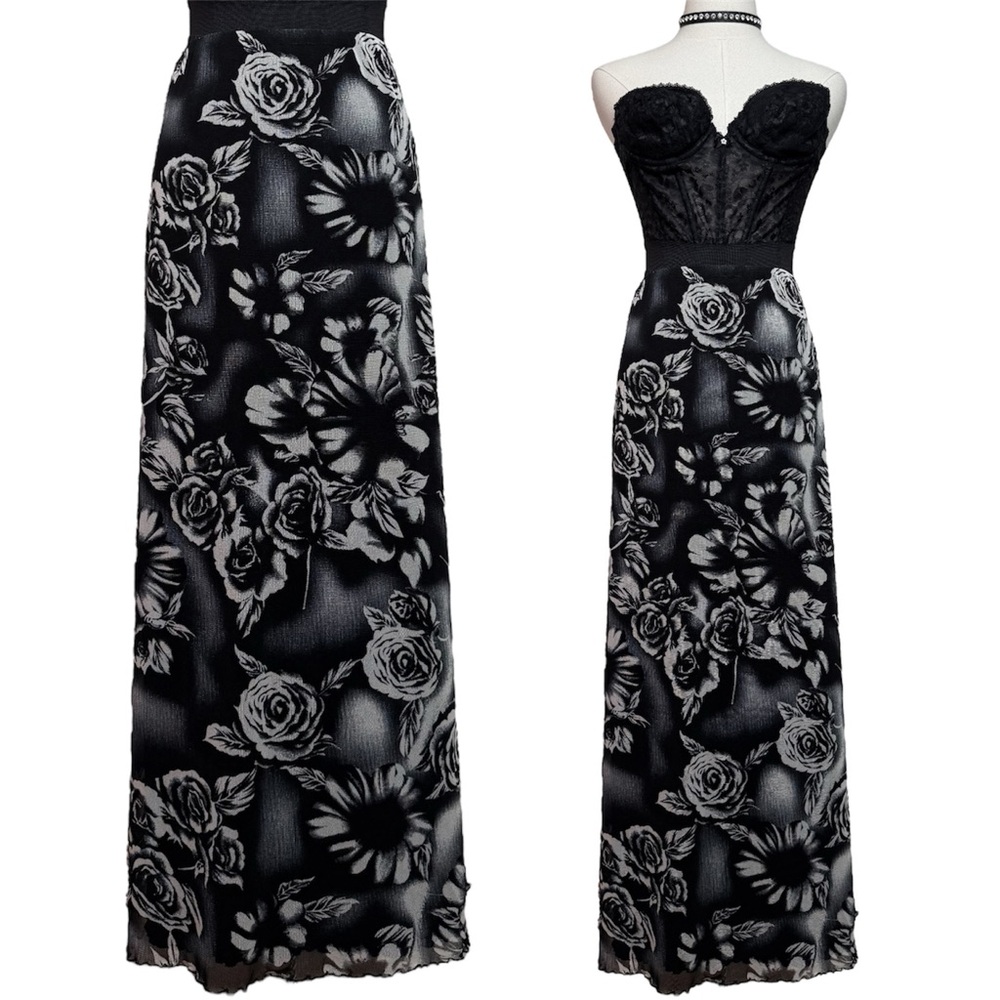 y2k Vintage Black White Dark Floral Rose Micro Mesh Lettuce Hem Skirt Small